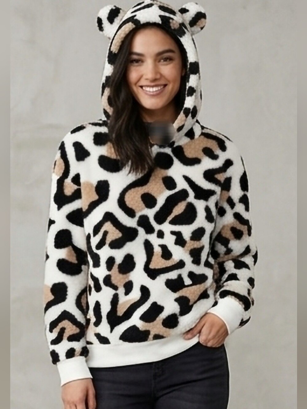 Cold Crush Teddy Sherpa Animal Print Hoodie with Ear Hood - White & Tan XL